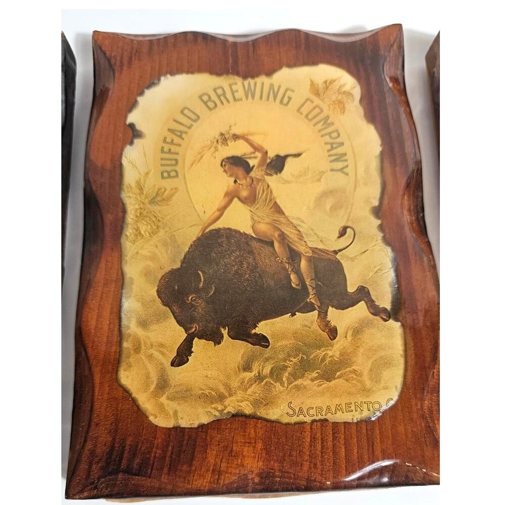 Vintage 70s Decoupage Wood Plaque Buffalo Brewing Co Sacramento Breweriana Bar